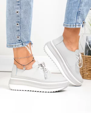 Pantofi casual dama piele naturala gri cu inchidere sireturi T6055