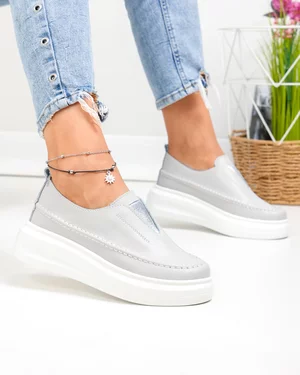 Pantofi casual dama piele naturala gri cu inchidere slip-on si varf rotund T6060