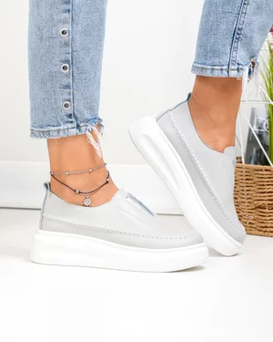 Pantofi casual dama piele naturala gri cu inchidere slip-on si varf rotund T6060