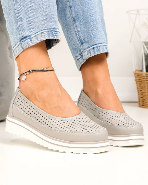 Pantofi casual dama piele naturala gri cu inchidere slip-on VK-F001-504