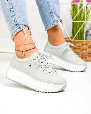 Pantofi Casual - Pantofi casual dama piele naturala gri cu inimioara metalica si talpa groasa F001-775