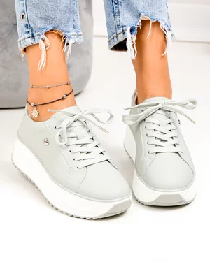 Pantofi casual dama piele naturala gri cu inimioara metalica si talpa groasa F001-775