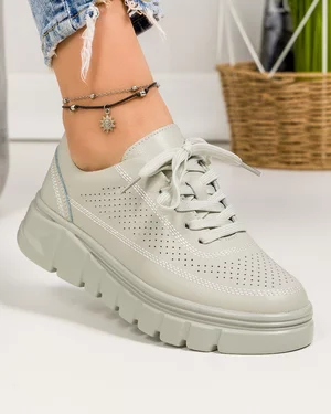 Pantofi casual dama piele naturala gri cu perforatii inchidere cu sireturi si cusaturi decorative AW469