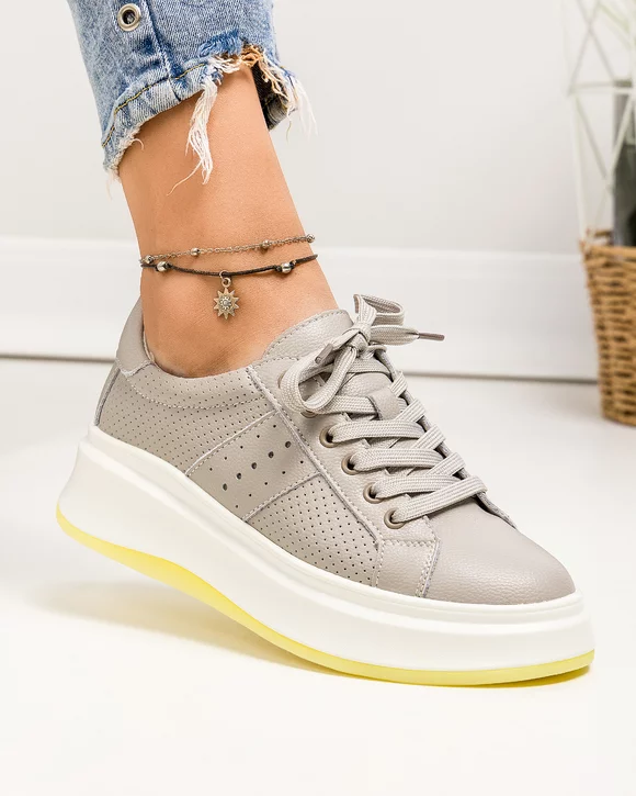 Pantofi casual dama piele naturala gri cu perforatii si inchidere sireturi F002-283