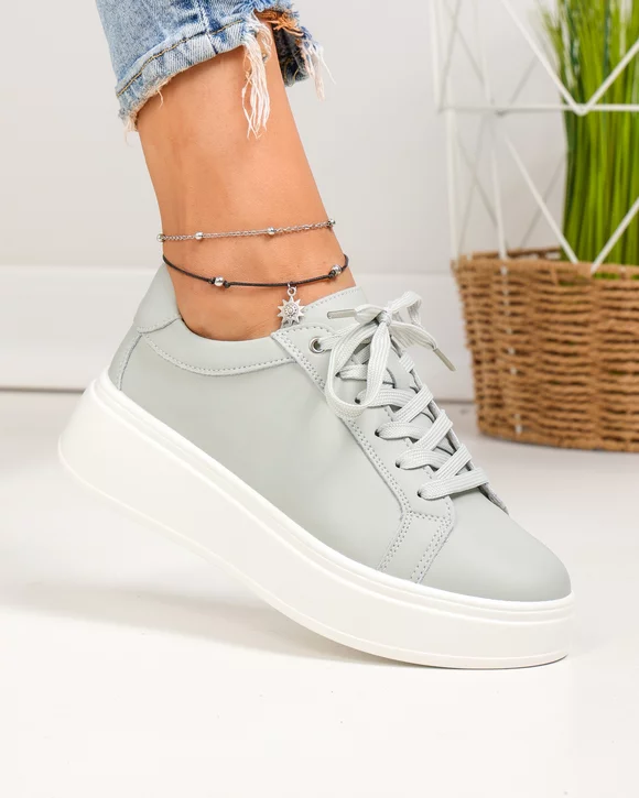 Pantofi casual dama piele naturala gri cu talpa alba captusiti F001-872