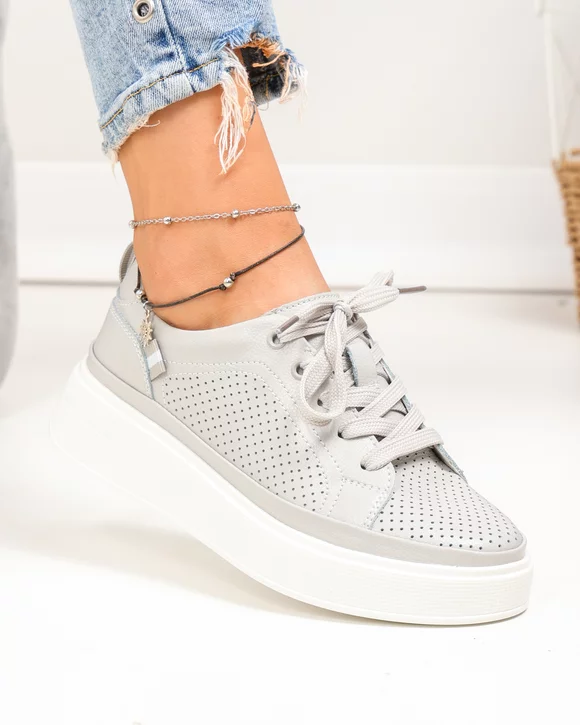 Pantofi casual dama piele naturala gri cu talpa alba JY3285