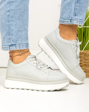 Pantofi casual dama piele naturala gri cu talpa alba si inchidere sireturi F001-777