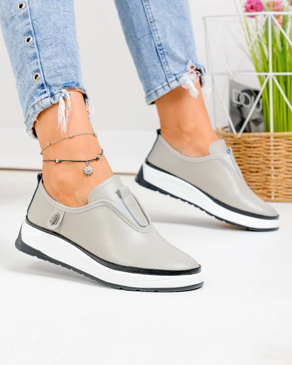 Pantofi casual dama piele naturala gri cu talpa flexibila JY-5671