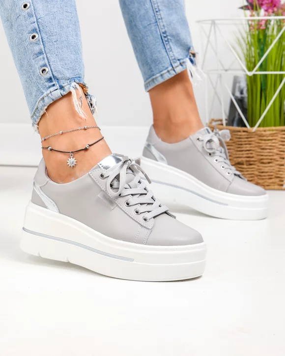 Pantofi casual dama piele naturala gri cu talpa groasa F002-437