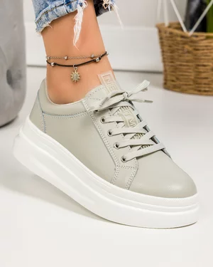 Pantofi casual dama piele naturala gri cu talpa groasa si inchidere sireturi AW468