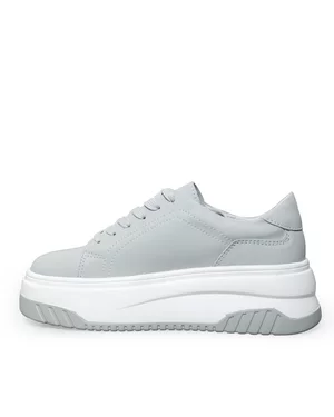 Pantofi casual dama piele naturala gri cu talpa groasa si inchidere sireturi F001-657