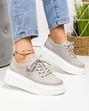 Pantofi casual dama piele naturala gri cu talpa groasa T-5807