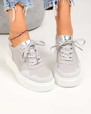 Pantofi casual dama piele naturala gri cu varf rotund si inchidere sireturi F002-459