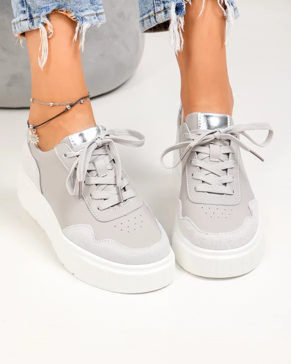 Pantofi casual dama piele naturala gri cu varf rotund si inchidere sireturi F002-459