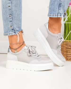 Pantofi Casual - Pantofi casual dama piele naturala gri cu varf rotund si inchidere sireturi F002-459