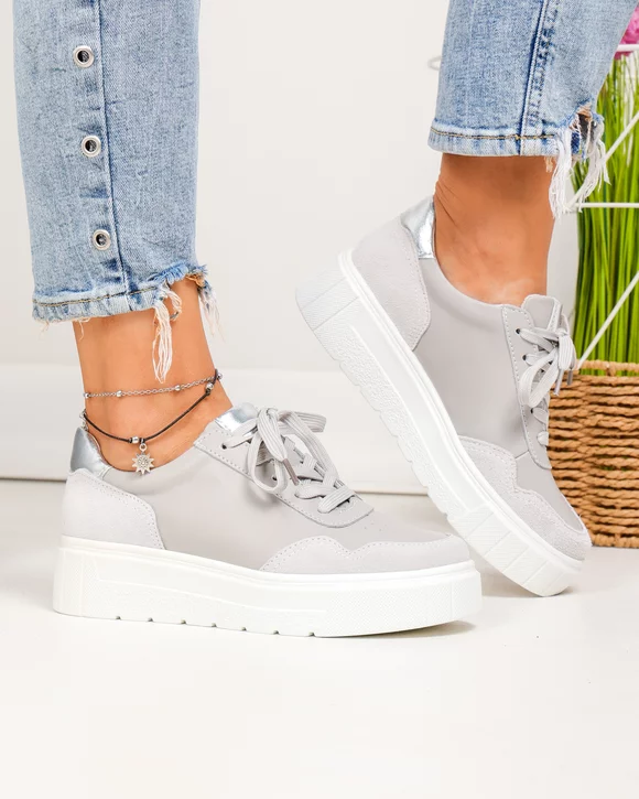 Pantofi casual dama piele naturala gri cu varf rotund si inchidere sireturi F002-459