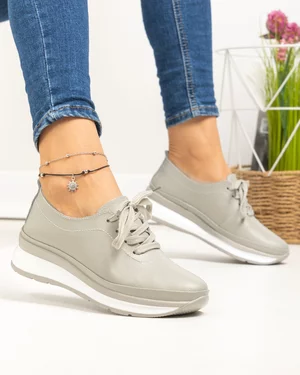 Pantofi casual dama piele naturala gri cu varf rotund T-9001
