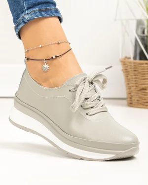 Pantofi casual dama piele naturala gri cu varf rotund T-9001