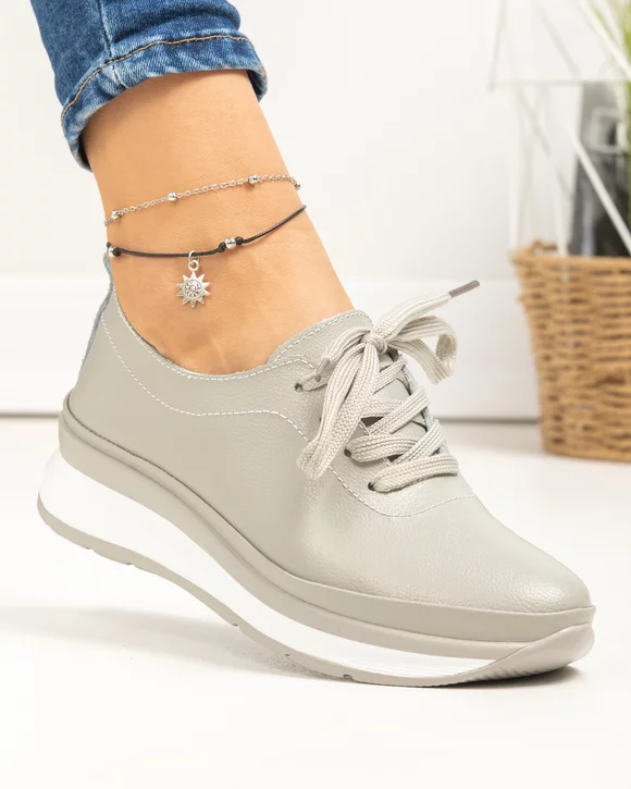 Pantofi casual dama piele naturala gri cu varf rotund T-9001