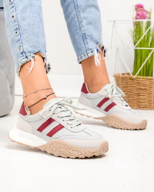 Pantofi Casual - Pantofi casual dama piele naturala gri cu visiniu si inchidere sireturi JY6590