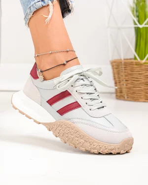 Pantofi casual dama piele naturala gri cu visiniu si inchidere sireturi JY6590