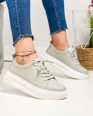 Pantofi casual dama piele naturala gri deschis cu inchidere sireturi AW2023-26
