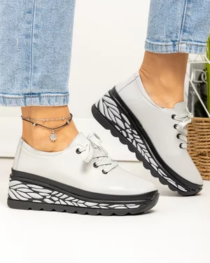 Pantofi casual dama piele naturala gri deschis cu negru si varf rotund JY5096