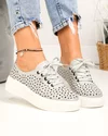 Pantofi casual dama piele naturala gri deschis cu perforatii model floral si talpa alba JY3230 1