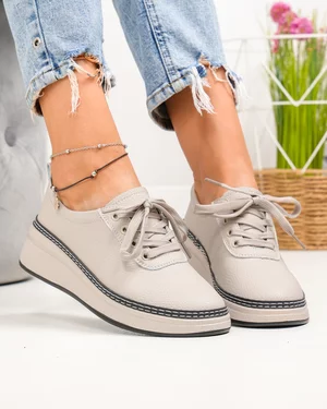 Pantofi casual dama piele naturala gri deschis cu varf rotund si talpa flexibila JY6700