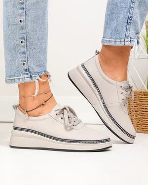 Pantofi casual dama piele naturala gri deschis cu varf rotund si talpa flexibila JY6700