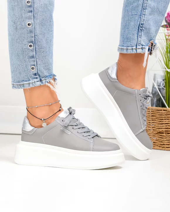 Pantofi casual dama piele naturala gri inchis cu argintiu si talpa groasa F002-389