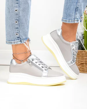 Pantofi casual dama piele naturala gri inchis cu talpa groasa F002-346
