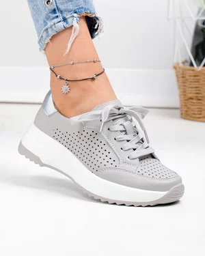 Pantofi Casual - Pantofi casual dama piele naturala gri perforati cu detaliu argintiu T-2820
