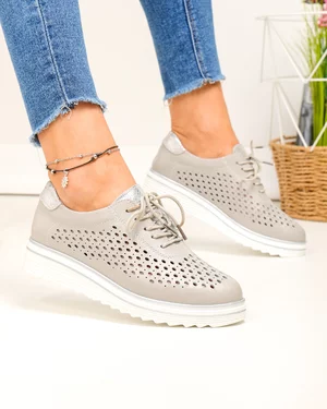 Pantofi casual dama piele naturala gri perforati cu inchidere sireturi T-3054
