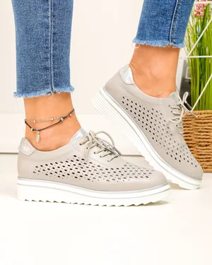 Pantofi casual dama piele naturala gri perforati cu inchidere sireturi T-3054