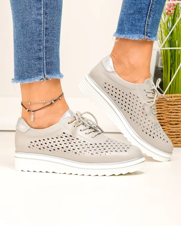 Pantofi casual dama piele naturala gri perforati cu inchidere sireturi T-3054
