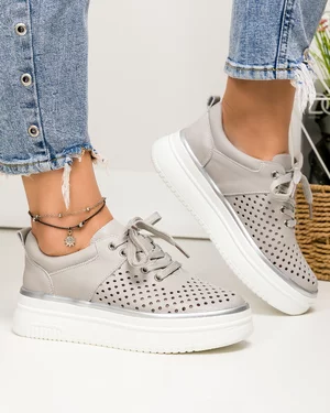 Pantofi casual dama piele naturala gri perforati cu inchidere sireturi T-5911