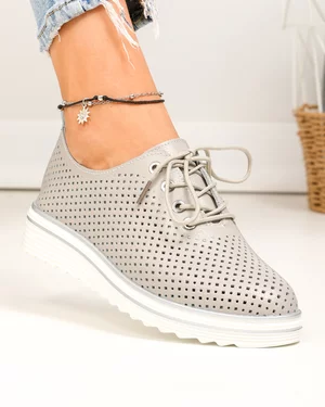 Pantofi casual dama piele naturala gri perforati cu inchidere sireturi XH-3200