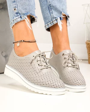 Pantofi casual dama piele naturala gri perforati cu inchidere sireturi XH-3200