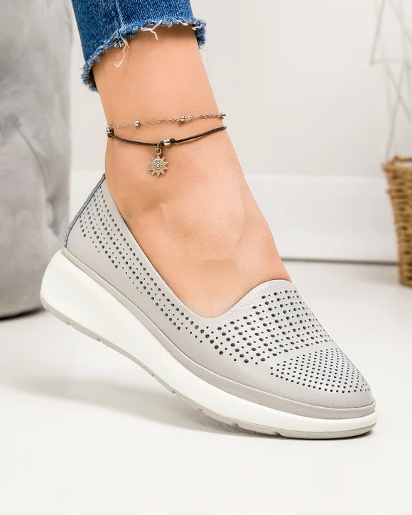 Pantofi casual dama piele naturala gri perforati cu inchidere slip-on JY3952