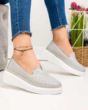 Pantofi casual dama piele naturala gri perforati cu talpa alba JY3872