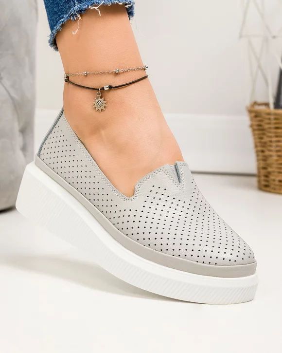 Pantofi casual dama piele naturala gri perforati cu talpa alba JY3872