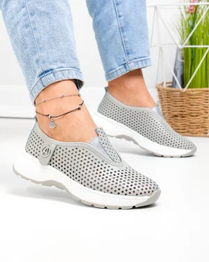Pantofi casual dama piele naturala gri perforati cu talpa flexibila T6041