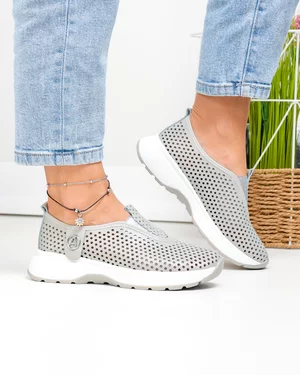Pantofi casual dama piele naturala gri perforati cu talpa flexibila T6041