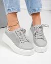 Pantofi casual dama piele naturala gri perforati lateral cu inchidere sireturi si insertie argintie T6042 1
