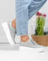 Pantofi casual dama piele naturala gri perforati lateral cu inchidere sireturi si insertie argintie T6042 3