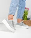 Pantofi casual dama piele naturala gri perforati lateral cu inchidere sireturi si insertie argintie T6042 4