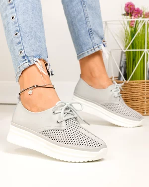 Pantofi casual dama piele naturala gri perforati partial si cusatura decorativa in varf JY3882