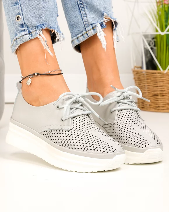 Pantofi casual dama piele naturala gri perforati partial si cusatura decorativa in varf JY3882