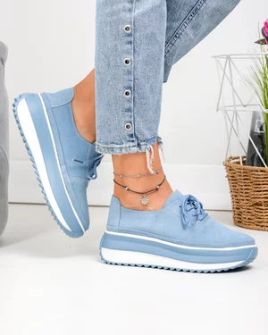 Pantofi casual dama piele naturala intoarsa albastri cu inchidere sireturi T6055